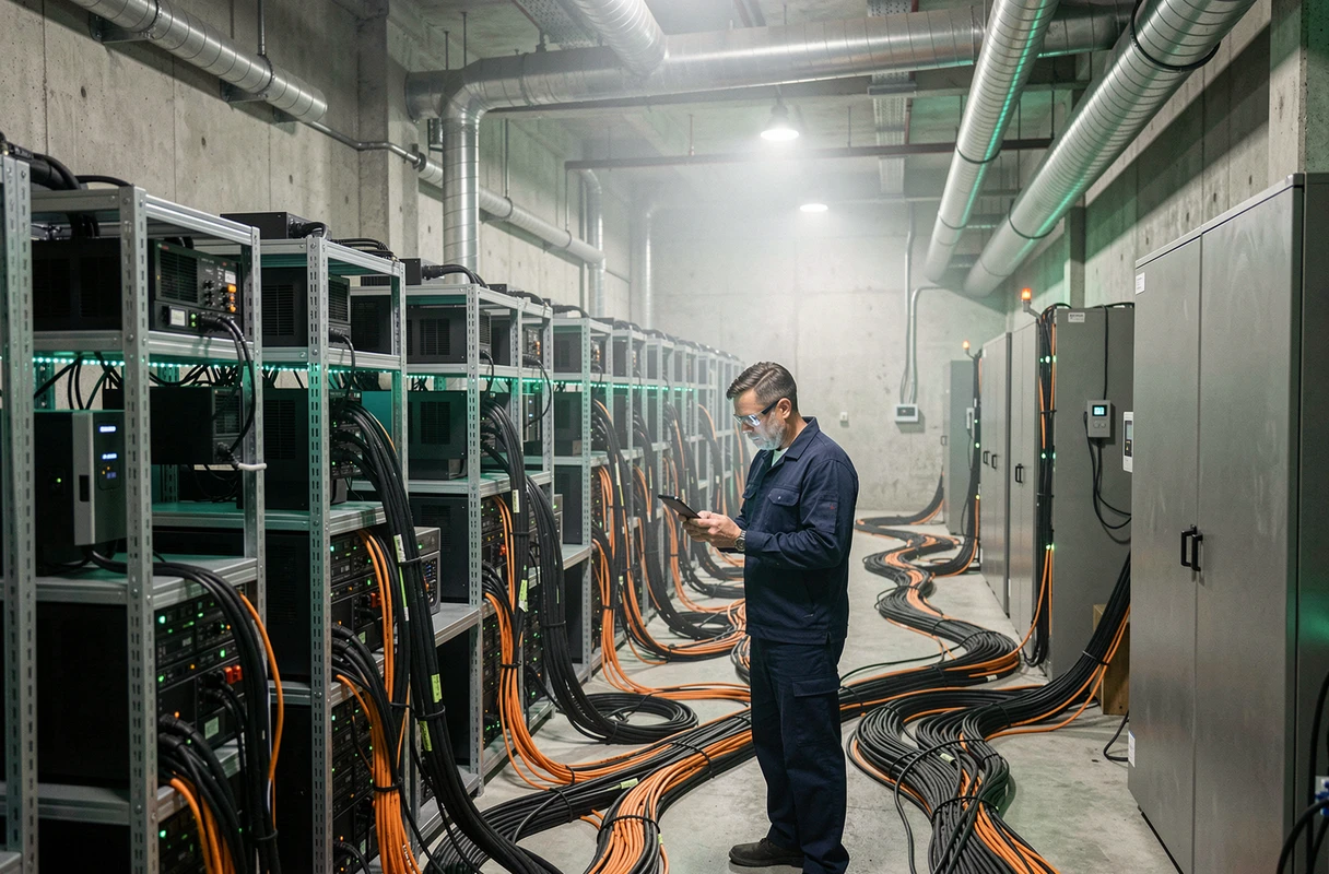 Ferme de minage de cryptomonnaies avec des rangées de machines ASIC et un technicien inspectant les équipements