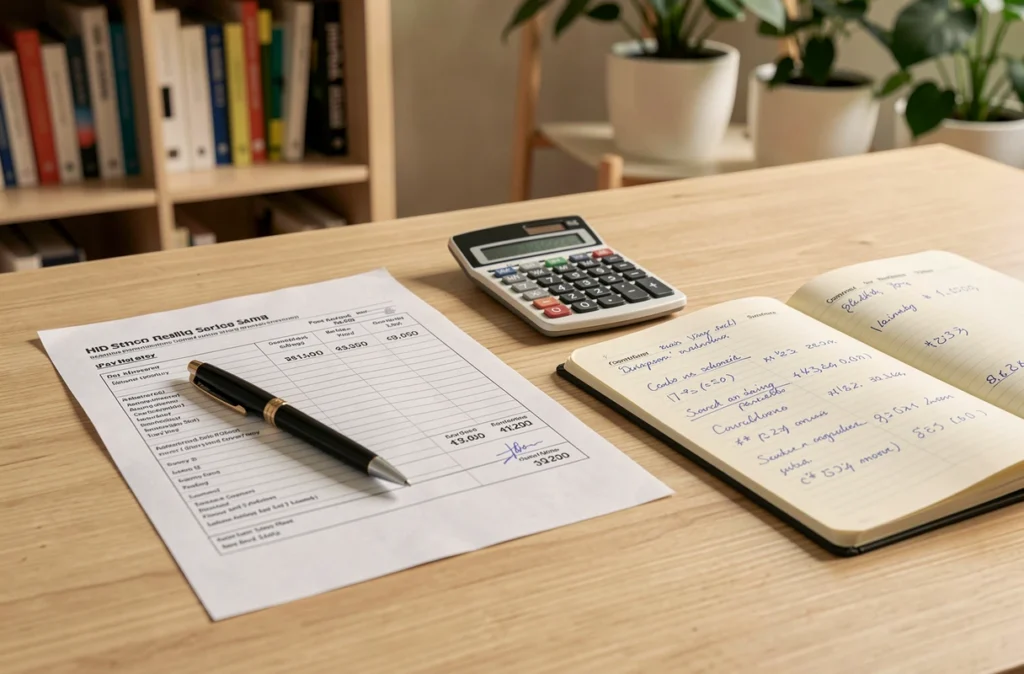 Gros plan sur une fiche de paie posée sur un bureau en bois avec calculatrice et notes manuscrites sur le calcul du salaire brut net 2800 euros