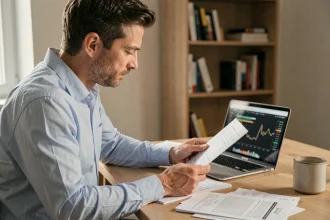Homme consultant des documents fiscaux sur les crypto-actifs à son bureau avec un ordinateur portable affichant un portefeuille de cryptomonnaies