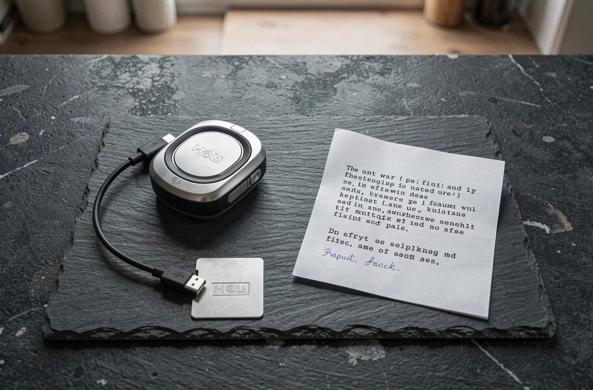 Vue de dessus d'un wallet physique de cryptomonnaie avec câble USB et carte de sauvegarde de phrase secrète sur une surface en ardoise