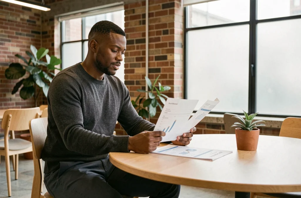 Entrepreneur athlétique en pull gris examinant des rapports financiers dans un espace de co-working moderne, évoquant la reconversion professionnelle et les investissements d'un ancien basketteur