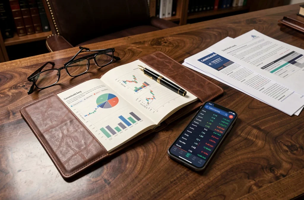 Vue de dessus d'un bureau en noyer avec portfolio financier, stylo de luxe, smartphone et documents, symbolisant la gestion de fortune d'un sportif reconverti