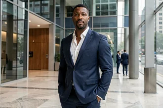 Homme d'affaires athlétique en costume bleu marine dans le hall d'un immeuble financier moderne, illustrant la fortune et le succès d'un ancien sportif professionnel
