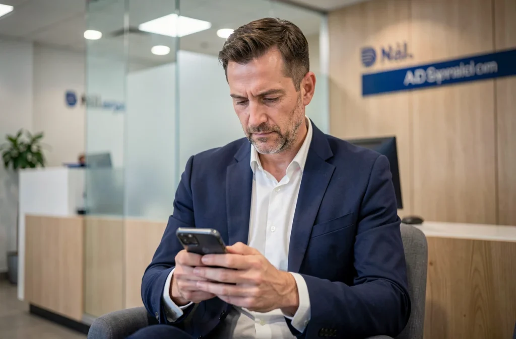 Homme consultant l'application bancaire CIC sur smartphone dans une agence moderne