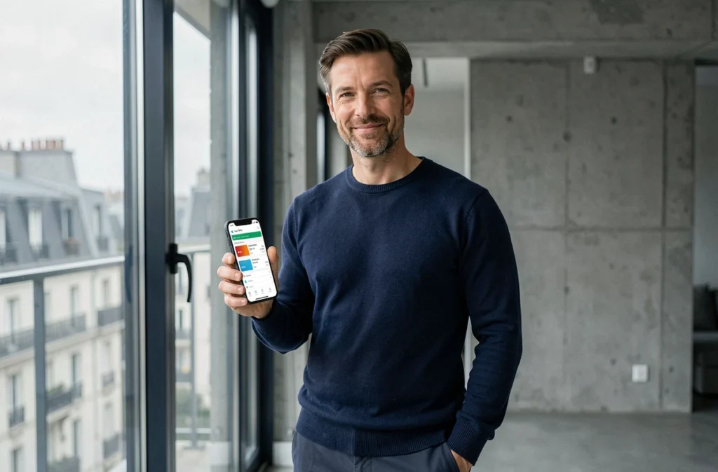 Homme consultant l'application mobile LCL pour particuliers sur smartphone dans un appartement contemporain parisien