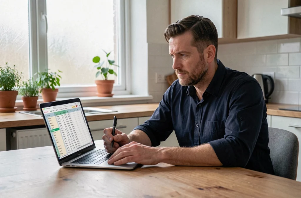 Homme utilisant un calculateur de salaire net en ligne depuis son domicile pour convertir 2480 euros brut