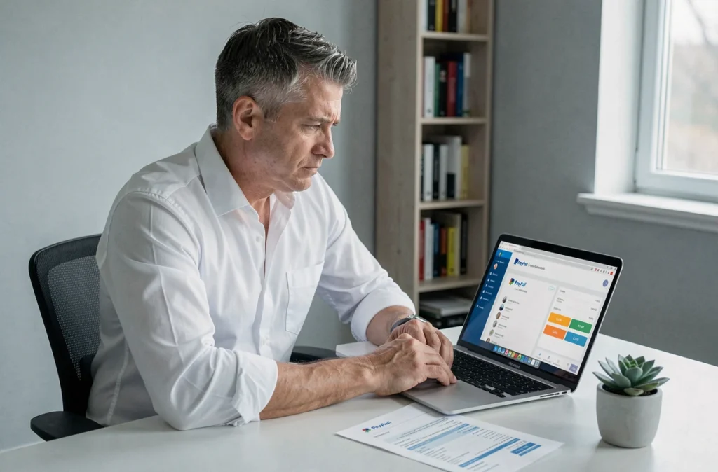 Homme comparant un relevé bancaire et son tableau de bord PayPal sur ordinateur portable dans un bureau à domicile