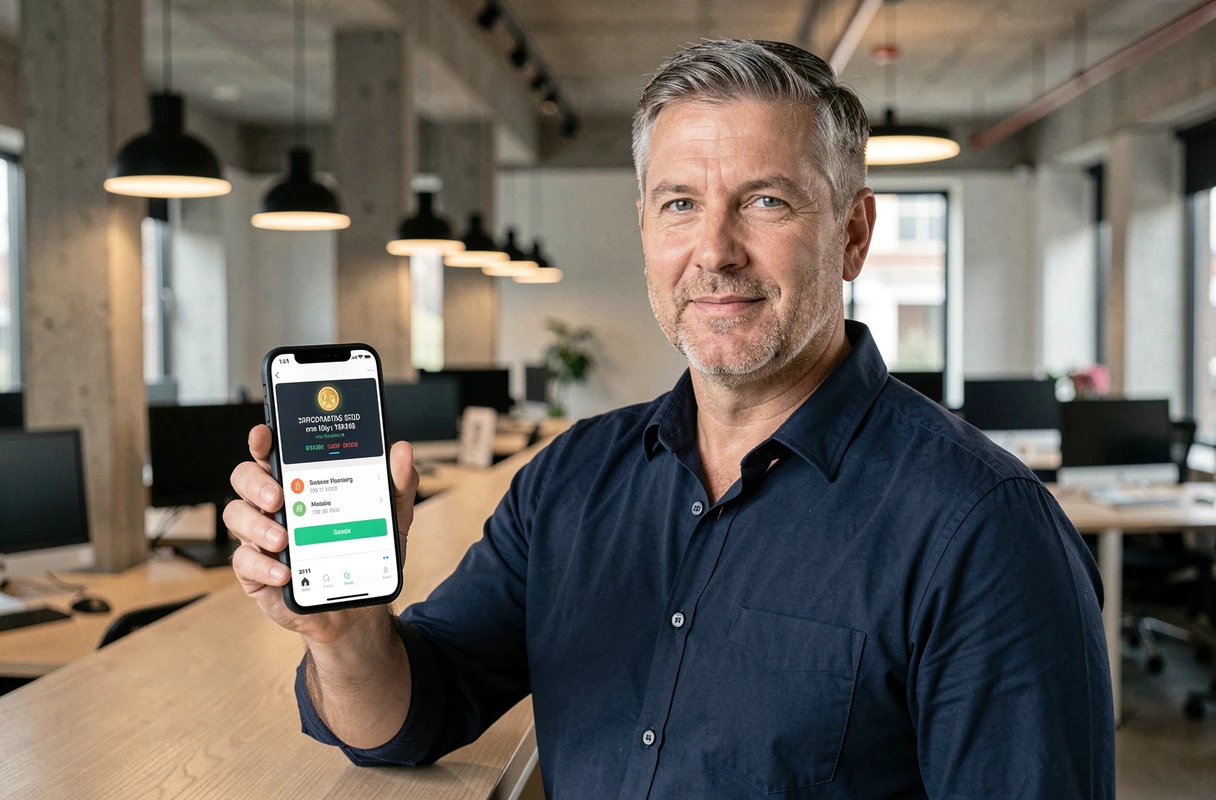 Homme effectuant un paiement en stablecoin via smartphone dans un espace de coworking urbain