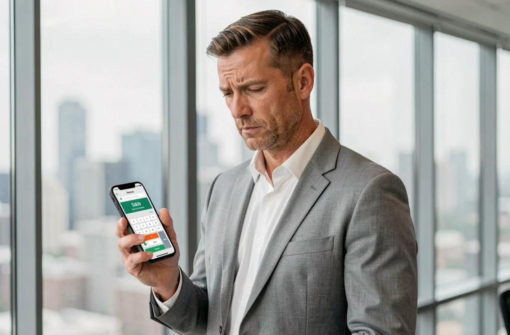 Cadre d'entreprise consultant un simulateur de salaire net sur smartphone devant une fenêtre vitrée de bureau, thème calcul brut net 2800 euros