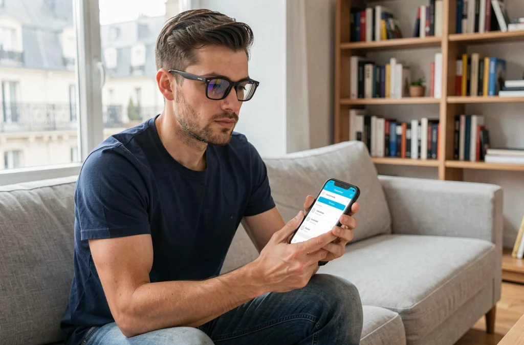 Homme consultant son application Direct Assurance sur smartphone pour gérer ou résilier son contrat d'assurance