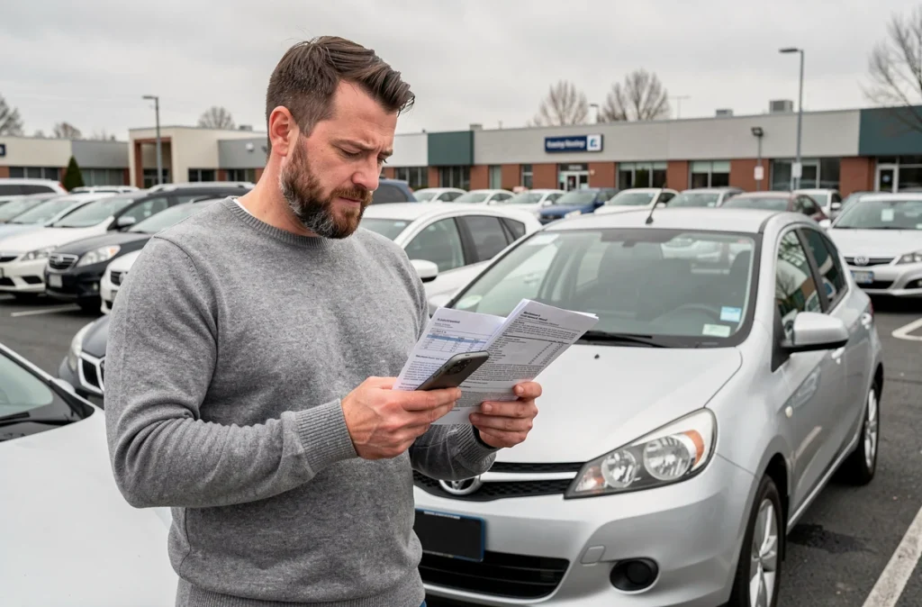 Homme comparant son contrat d'assurance auto ACM IARD SA avec son smartphone dans un parking urbain