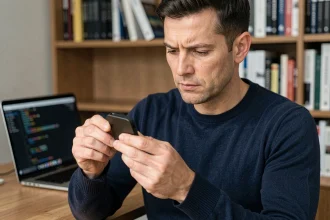 Homme tenant un wallet physique de cryptomonnaie dans un bureau à domicile moderne, illustrant la sécurité des actifs numériques