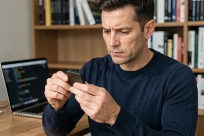 Homme tenant un wallet physique de cryptomonnaie dans un bureau à domicile moderne, illustrant la sécurité des actifs numériques