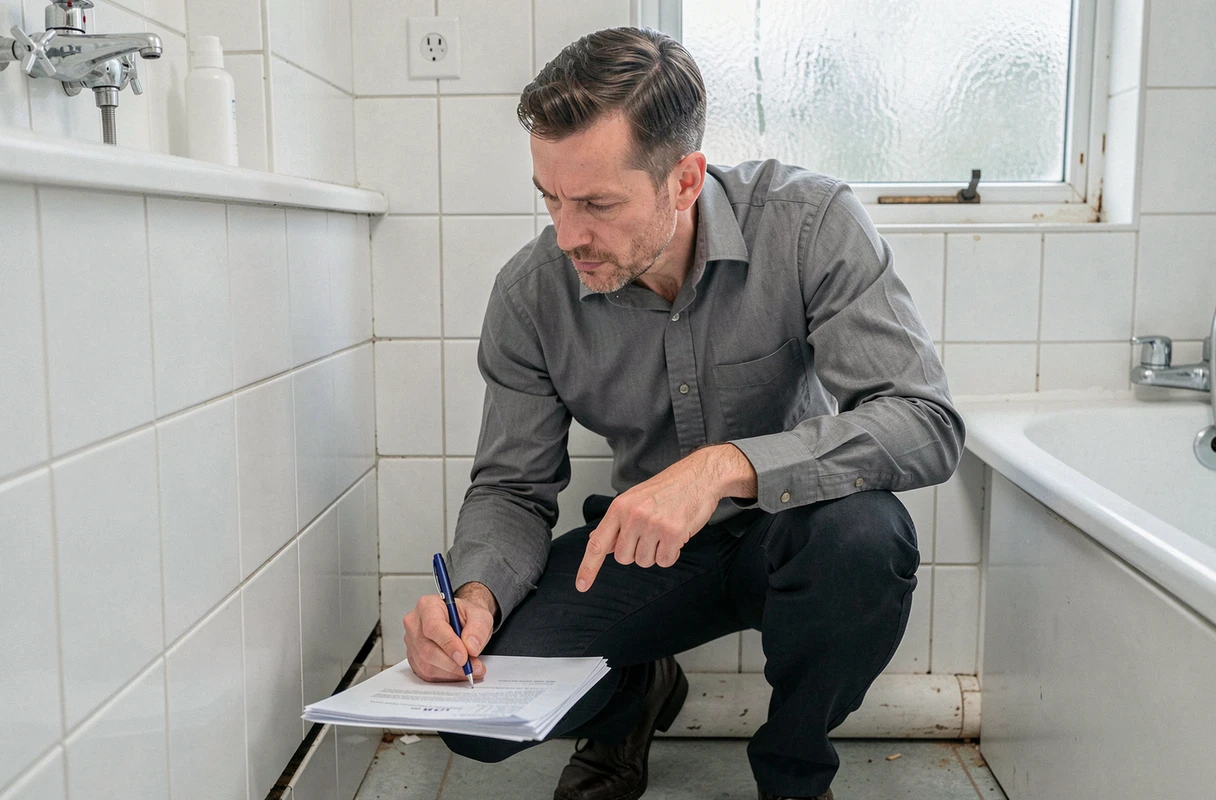 Homme inspectant les joints et le carrelage d'une salle de bain lors d'un état des lieux locatif