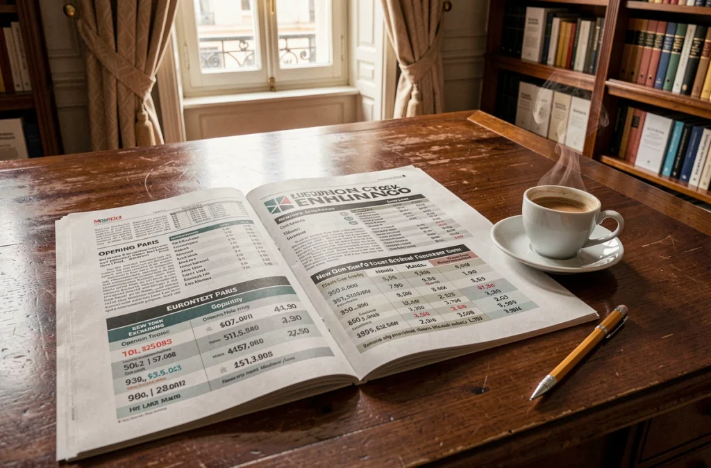 Journal financier ouvert sur un bureau montrant les horaires comparatifs des bourses de Paris, Londres et Wall Street