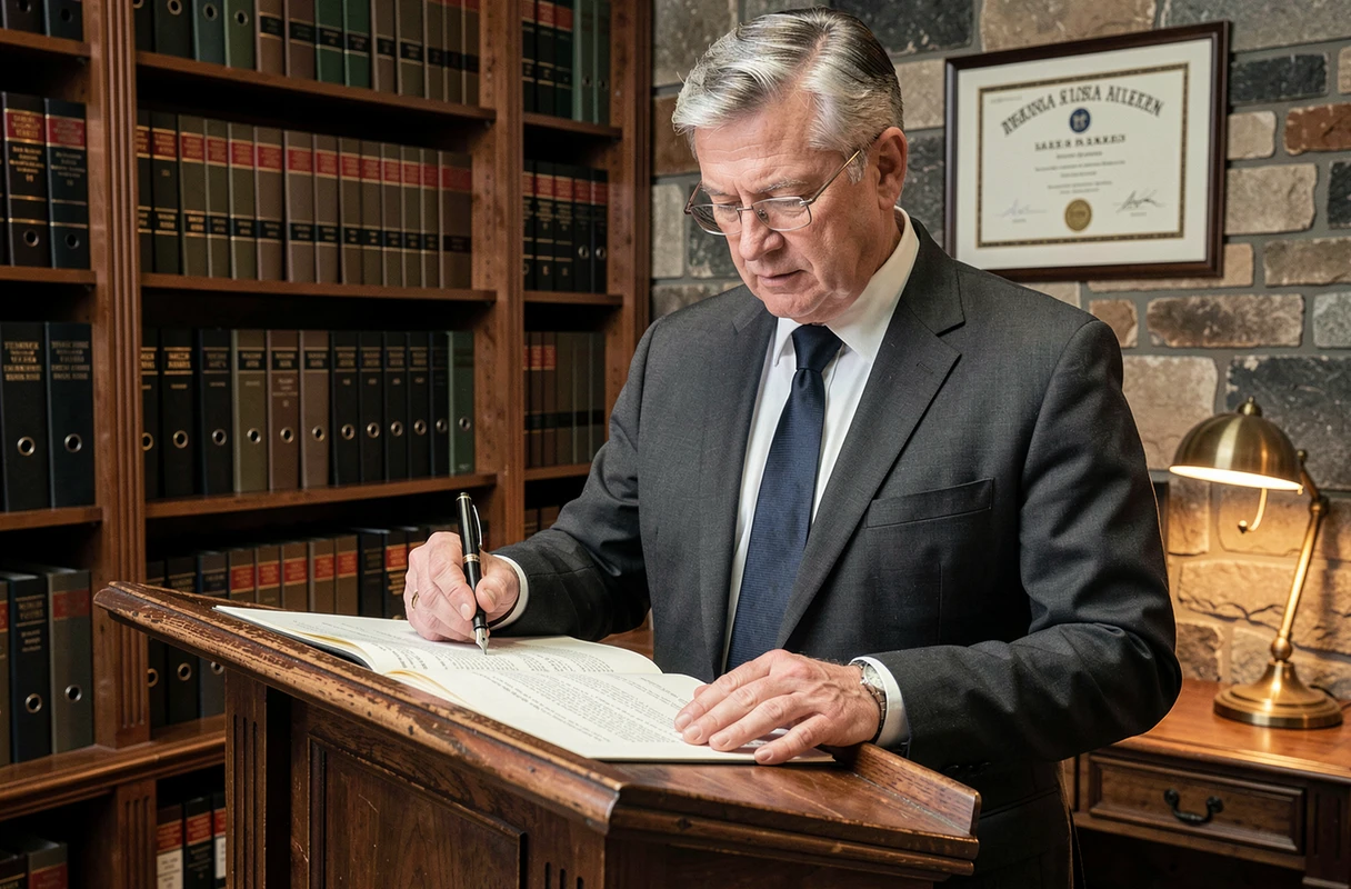 Notaire annotant un contrat de vente immobilière dans un office notarial traditionnel