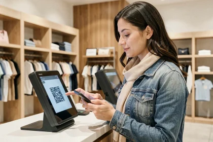 Une femme paie avec Bitcoin via son smartphone dans une boutique de vêtements moderne équipée d'un terminal de paiement crypto