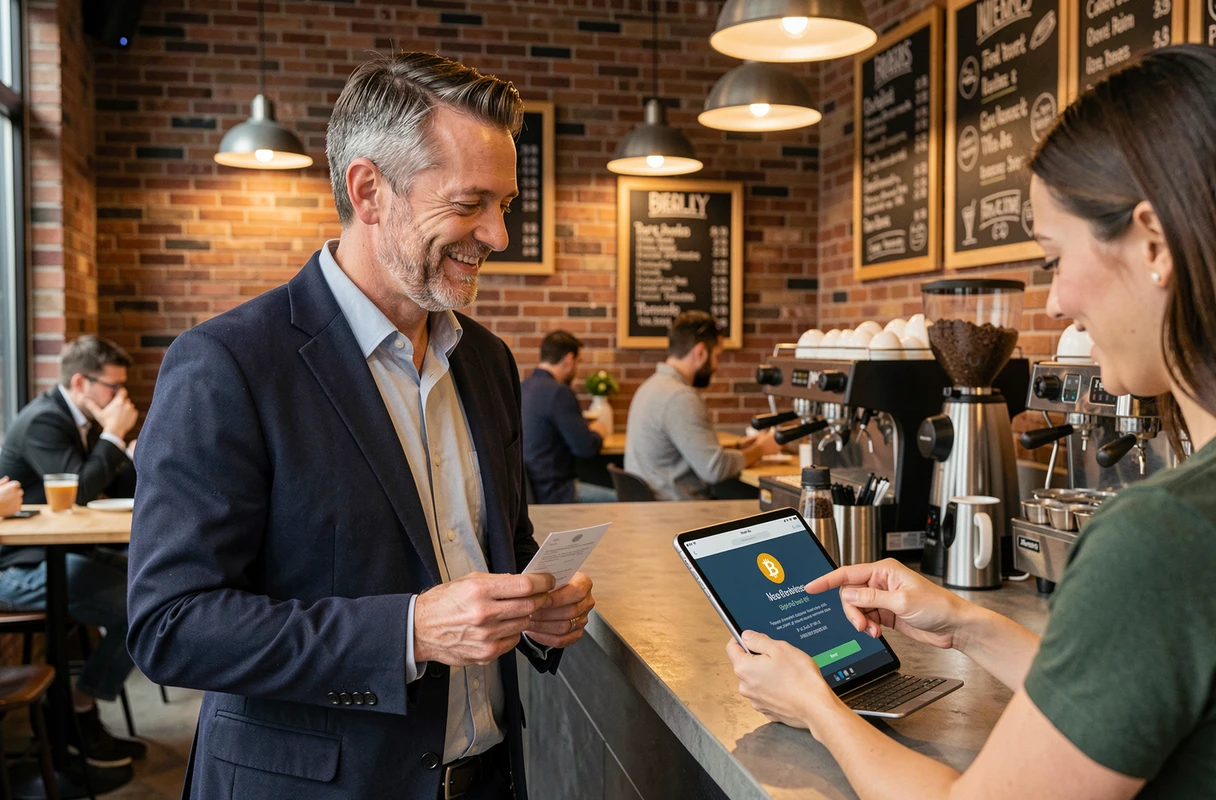 Un client paie son café en Bitcoin grâce à une tablette de paiement numérique dans un café au décor industriel