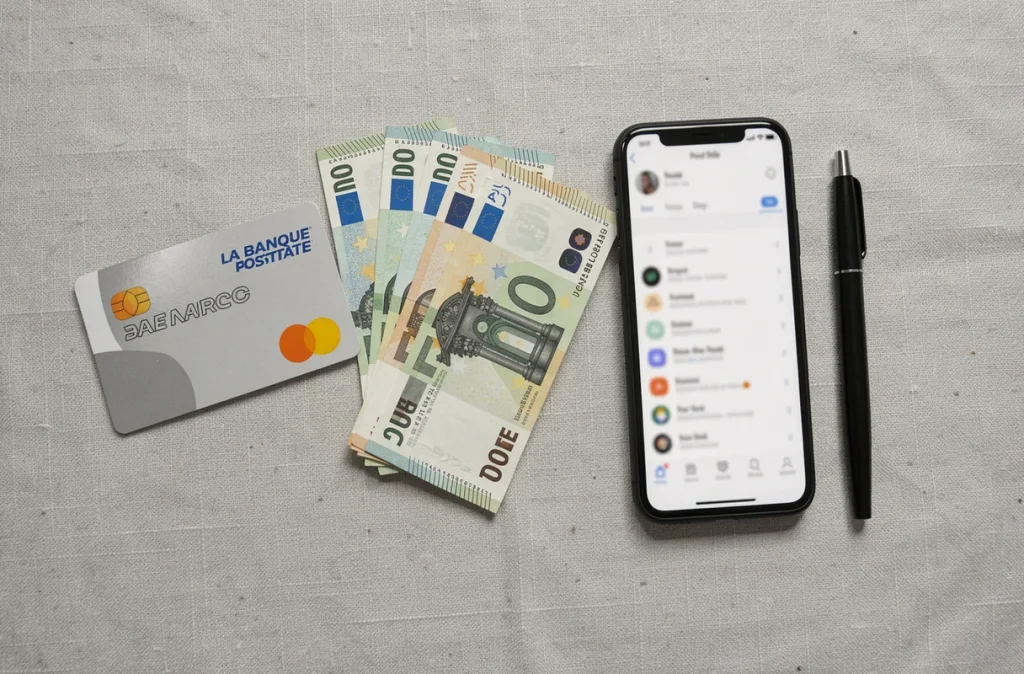 Carte bancaire La Banque Postale, billets en euros et smartphone avec application bancaire en vue à plat