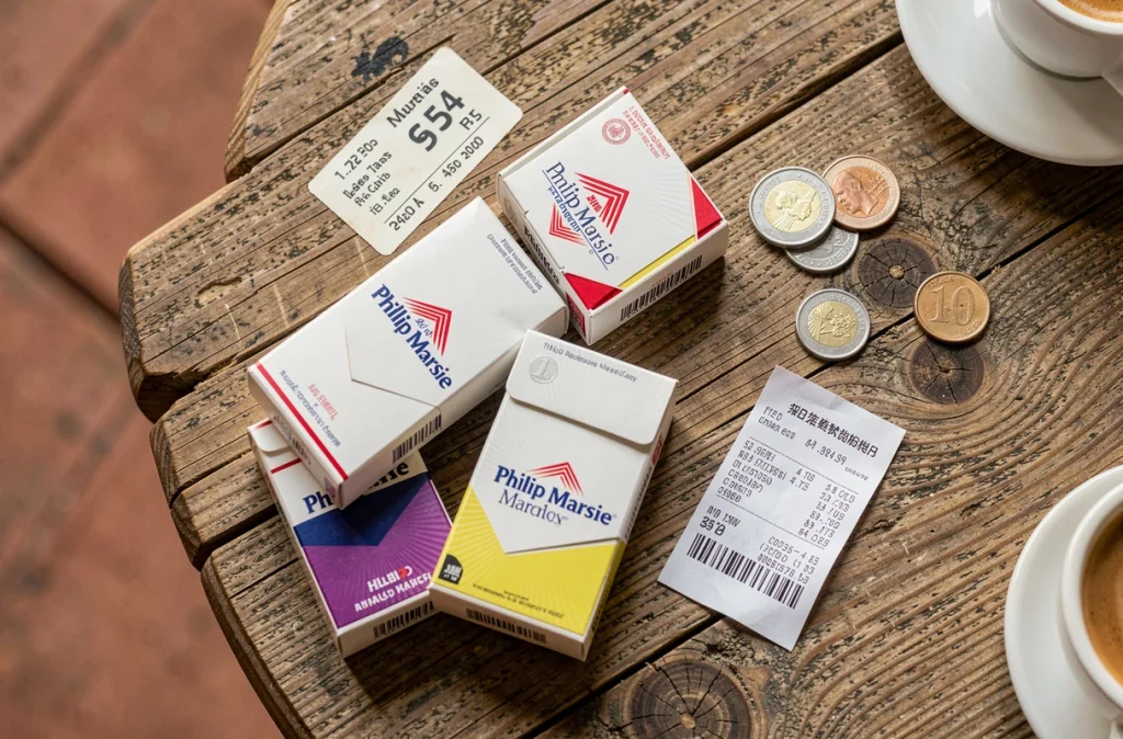Paquets de cigarettes Philip Morris avec étiquette de prix en euros sur une table en bois dans un café espagnol