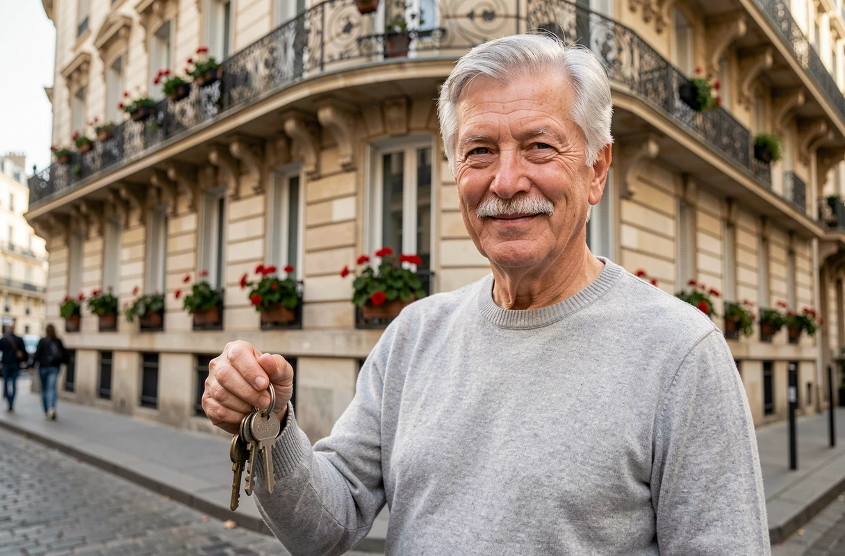 Propriétaire retraité devant son appartement parisien haussmannien proposé à la vente en viager