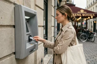 Femme retirant de l'argent à un distributeur automatique La Banque Postale en rue, carte bancaire en main