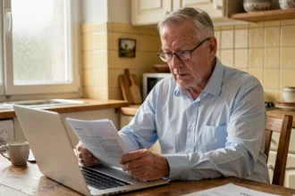 Retraité consultant ses documents de pension et simulant sa CSG 2026 sur un ordinateur portable à la table de cuisine