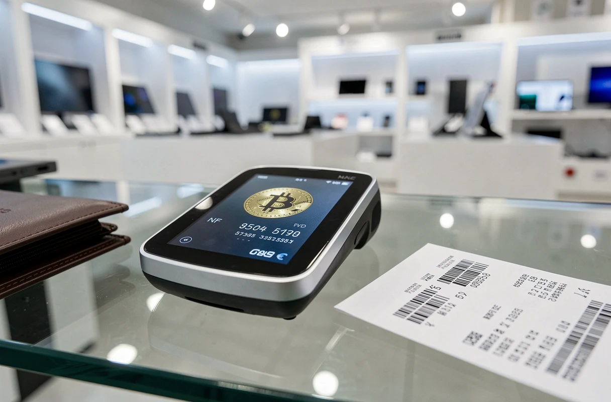 Gros plan sur un terminal de paiement affichant le logo Bitcoin dans un magasin d'électronique haut de gamme