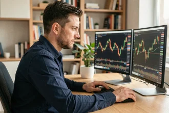 Trader débutant analysant des graphiques de cassure sur double écran avec l'expert advisor Aegis Breakout EA
