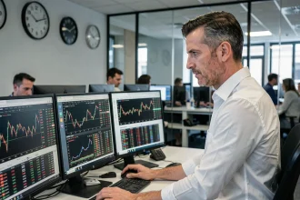 Trader professionnel analysant les horaires d'ouverture des bourses de Paris, Londres et New York sur plusieurs écrans