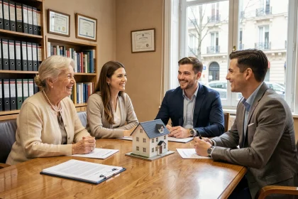 Réunion chez le notaire entre une propriétaire âgée et un jeune couple pour la signature d'un contrat de vente en viager