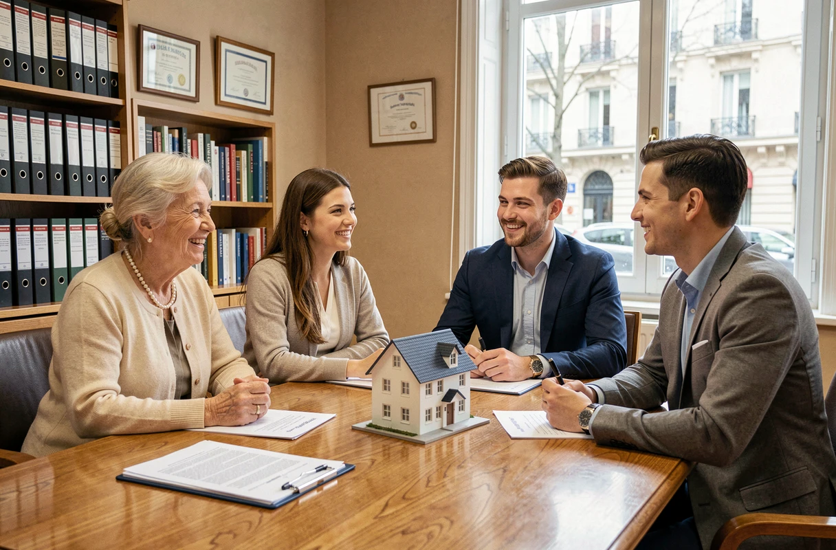 Réunion chez le notaire entre une propriétaire âgée et un jeune couple pour la signature d'un contrat de vente en viager
