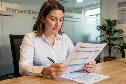 Femme examinant un formulaire de virement international dans une agence bancaire moderne
