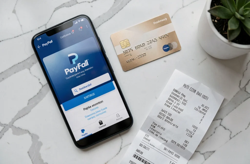 Vue aérienne d'un smartphone affichant PayPal, une carte bancaire et un reçu sur bureau en marbre, symbolisant les paiements numériques