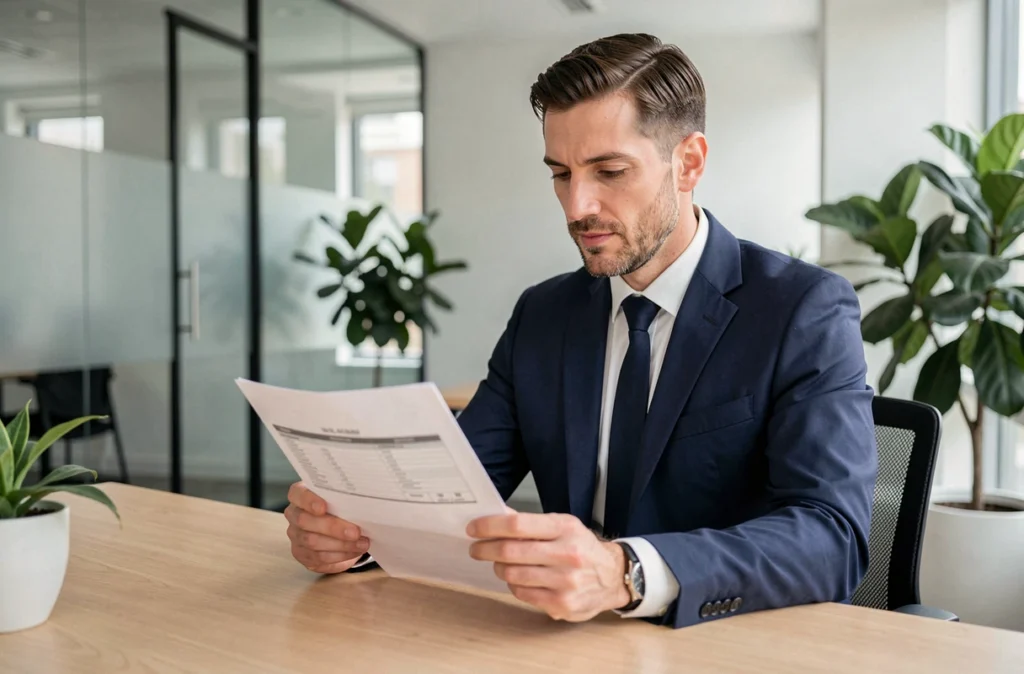 Courtier d'AB Expansion examinant un contrat d'assurance dans un bureau professionnel moderne