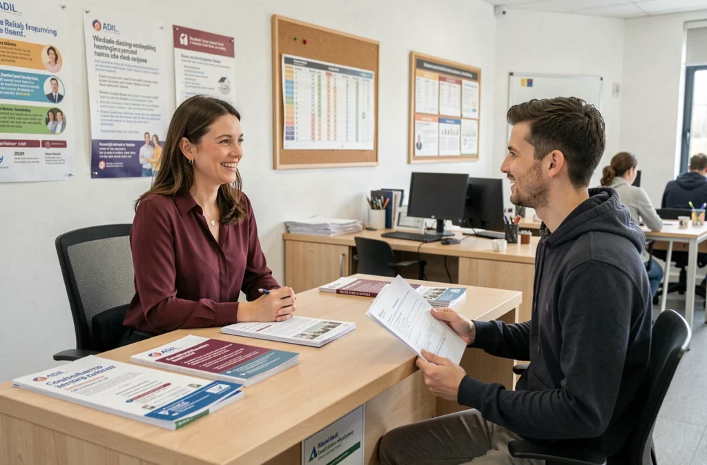 Conseillère de l'ADIL du Calvados fournissant une information gratuite sur l'investissement locatif à un jeune propriétaire