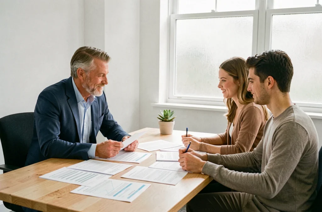 Courtier partenaire Alptis présentant une offre de complémentaire santé à un couple dans un bureau lumineux