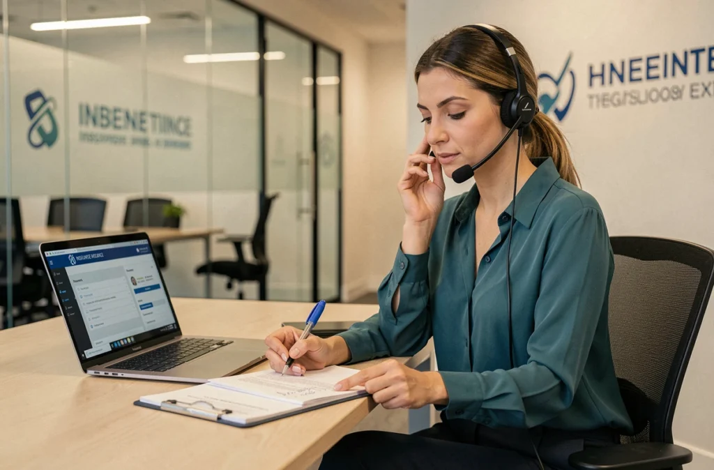 Courtière du réseau April Entreprise Nord en consultation téléphonique depuis son poste de travail numérique