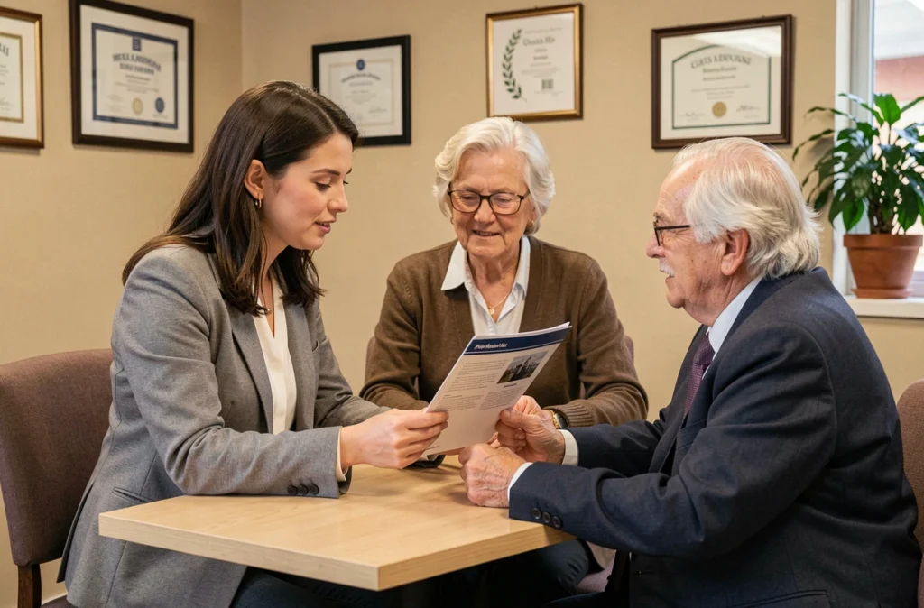 Courtière de BM Assurances Conseils accompagnant un couple de clients dans une agence locale chaleureuse