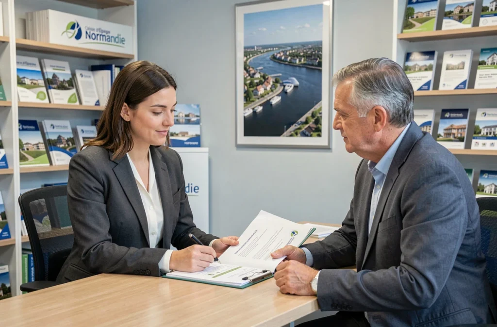 Conseillère de la Caisse d'Épargne Normandie présentant des solutions patrimoniales et de crédit immobilier à un client