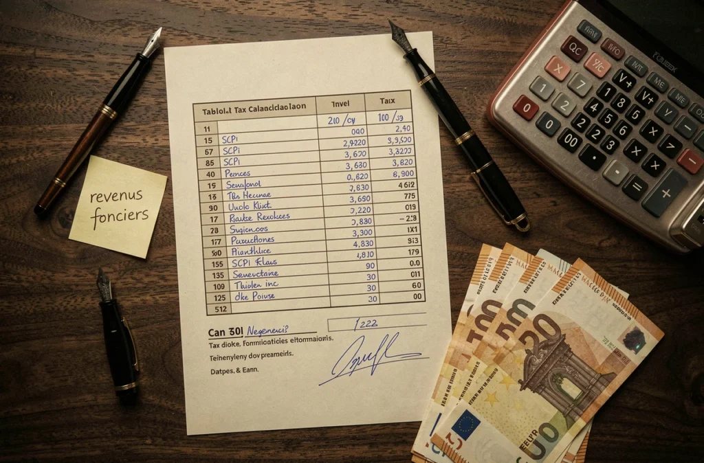Vue aérienne d'un bureau avec feuille de calcul fiscale SCPI, billets en euros et calculatrice mécanique