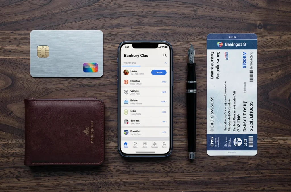 Mise à plat d'une carte bancaire haut de gamme avec accessoires de voyage premium sur bois sombre