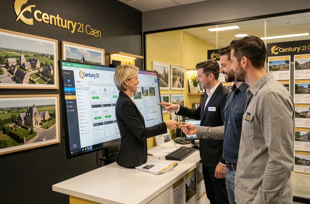 Agente Century 21 Caen présentant le portefeuille immobilier du réseau national et de l'ancrage local dans le Calvados