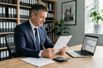Conseiller financier analysant des documents fiscaux SCPI sur un bureau avec calculatrice et tableur