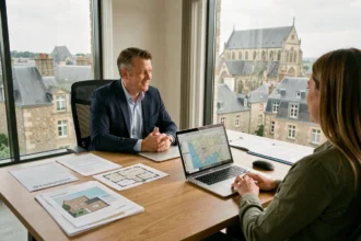 Conseiller en investissement locatif dans le Calvados présentant des opportunités immobilières à un couple dans un bureau moderne avec vue sur Caen