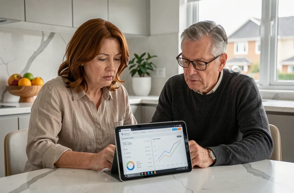 Couple examinant ensemble des graphiques d'investissement en SCPI sur une tablette dans une cuisine moderne