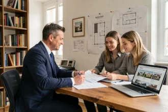 Un courtier immobilier dans l'Aude conseille un couple sur leur projet de crédit immobilier dans un bureau professionnel