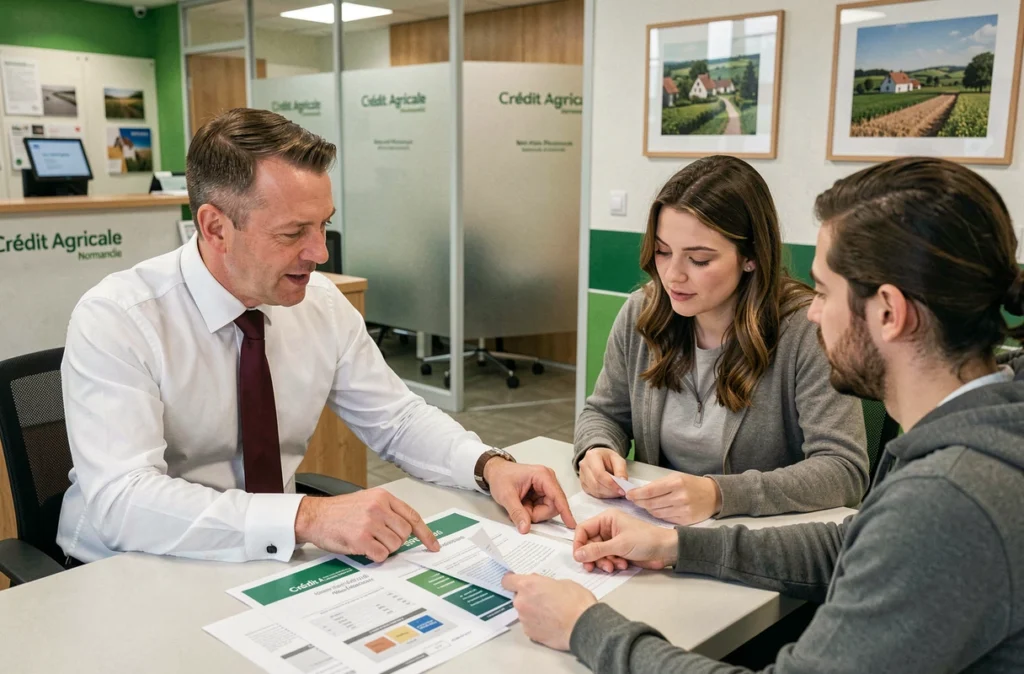 Conseiller bancaire du Crédit Agricole Normandie présentant un plan de financement pour un investissement locatif dans le Calvados