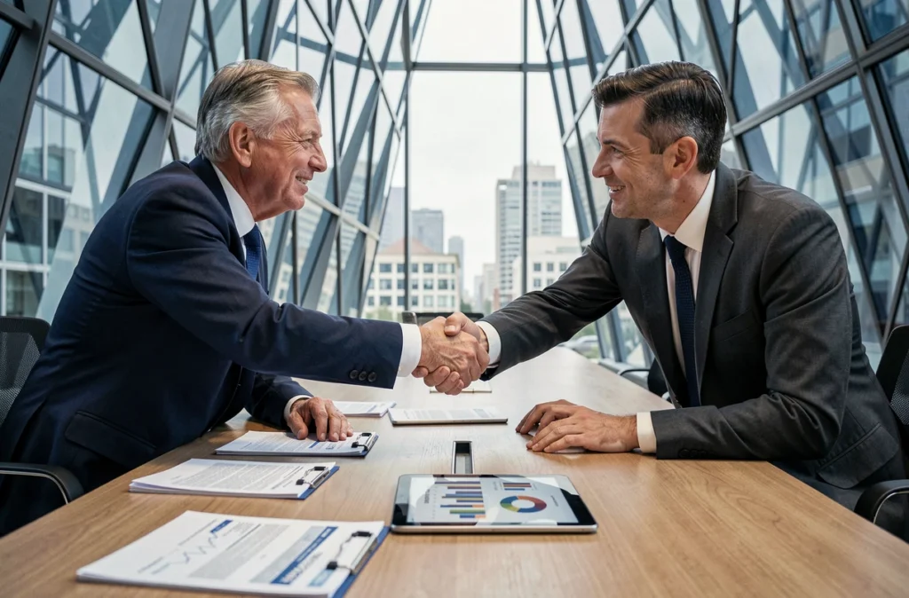 Deux dirigeants de Diot-Siaci concluant un accord commercial dans une salle de réunion moderne