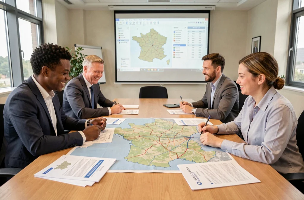 Équipe du réseau Entoria Nord-Picardie réunie autour d'une table pour analyser la couverture régionale des courtiers
